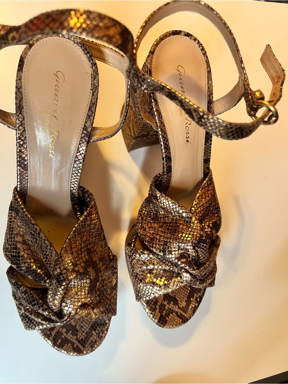 Milano Metallic Snake-Print Knot Heels in Bronze